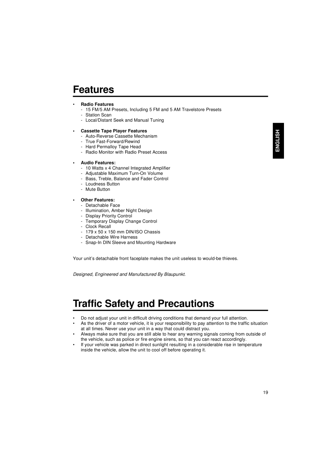 Blaupunkt CR 47 operating instructions Features, Traffic Safety and Precautions 