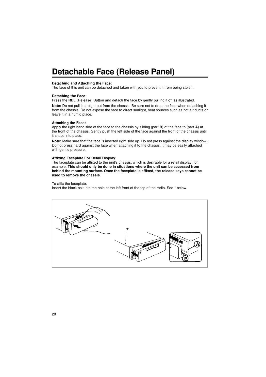 Blaupunkt CR 47 operating instructions Detachable Face Release Panel, Detaching and Attaching the Face, Detaching the Face 