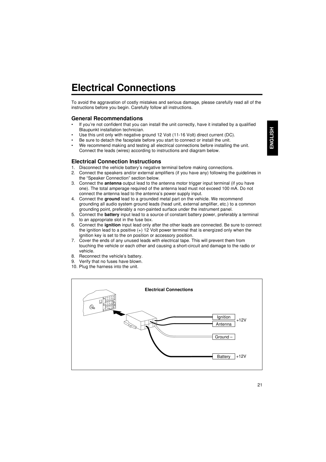 Blaupunkt CR 47 operating instructions Electrical Connections, General Recommendations, Electrical Connection Instructions 