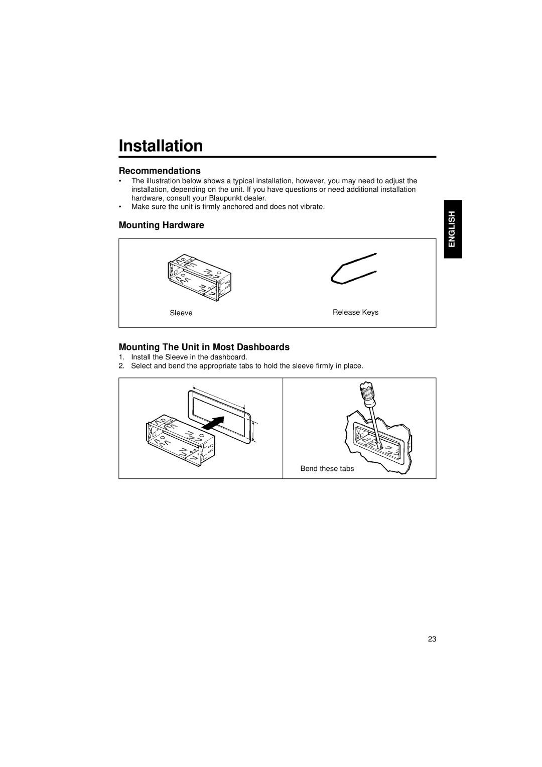 Blaupunkt CR 47 Installation, Recommendations, Mounting Hardware, Mounting The Unit in Most Dashboards 