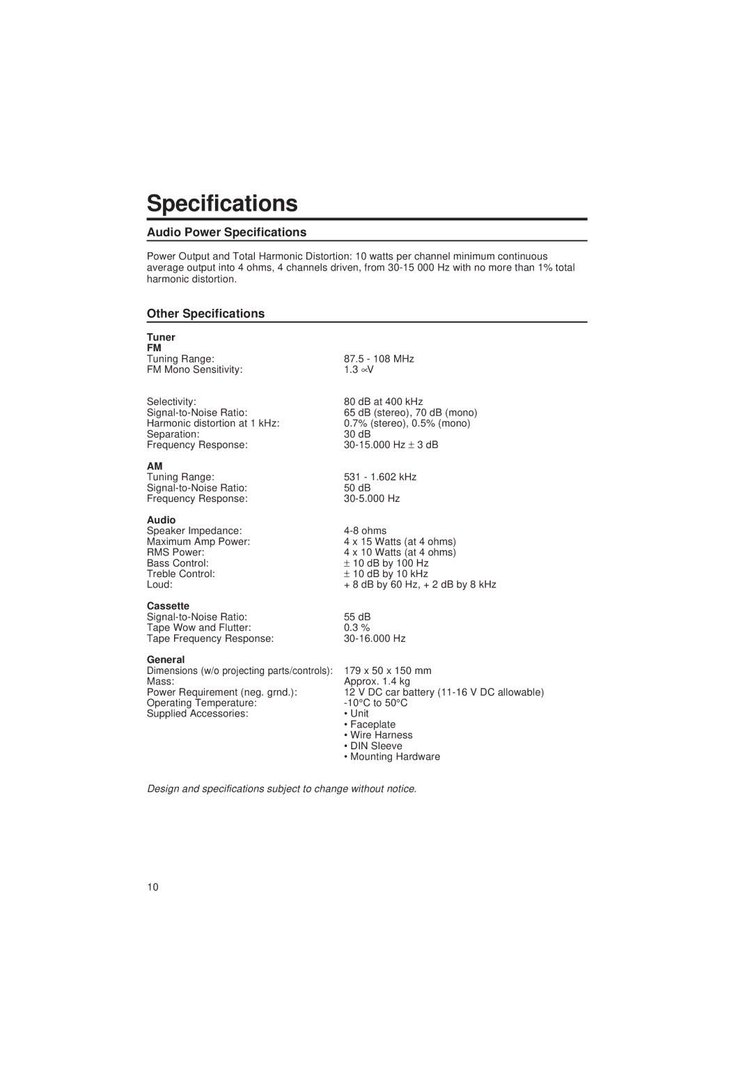 Blaupunkt CR 67 operating instructions Audio Power Specifications, Other Specifications 