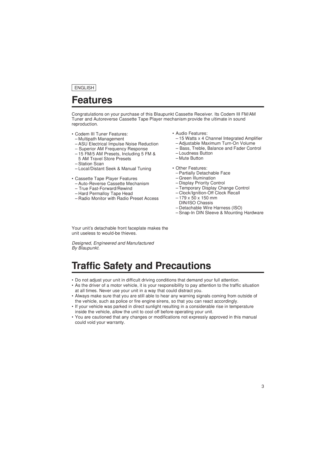 Blaupunkt CR 67 operating instructions Features, Traffic Safety and Precautions 