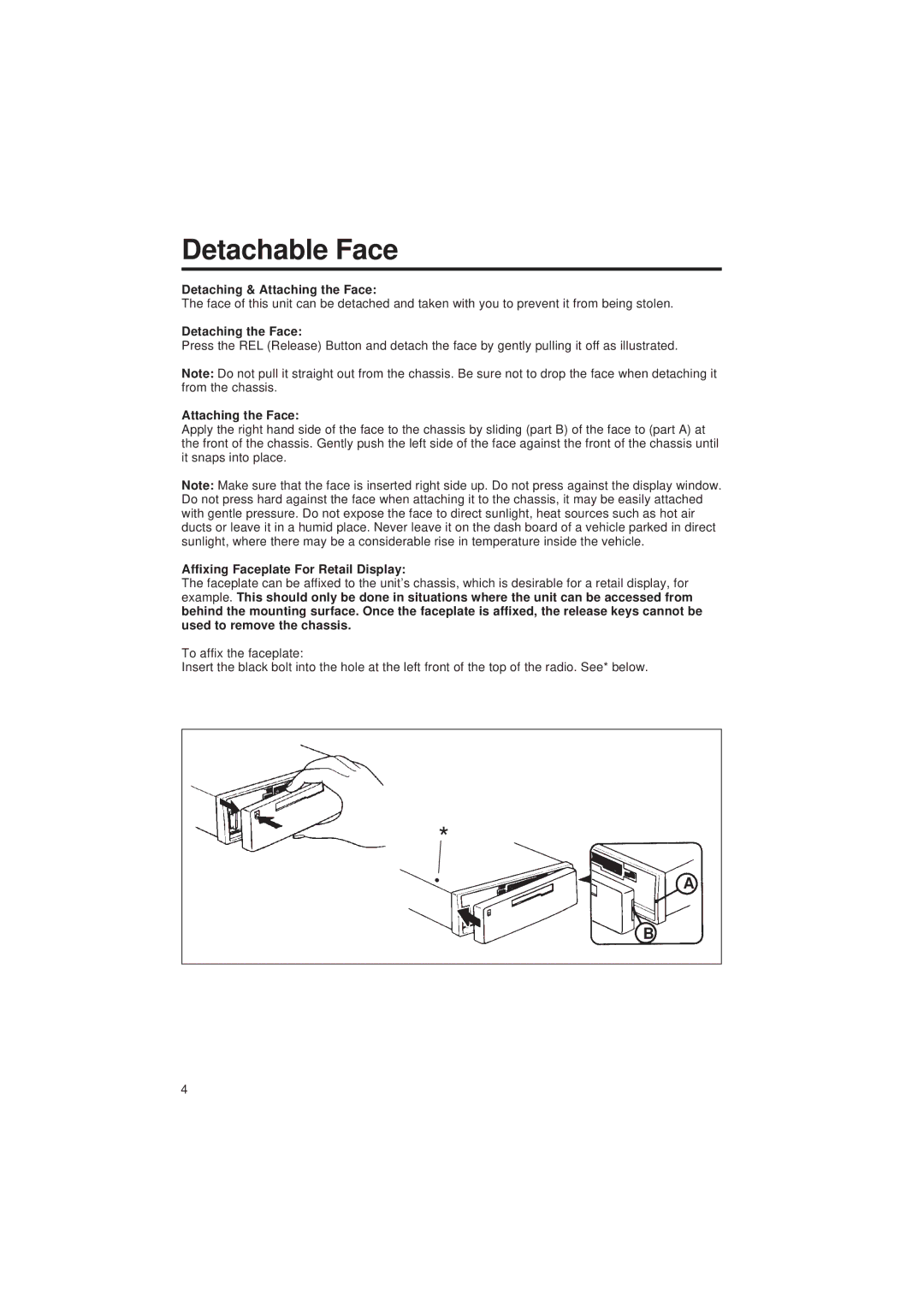 Blaupunkt CR 67 Detachable Face, Detaching & Attaching the Face, Detaching the Face, Affixing Faceplate For Retail Display 