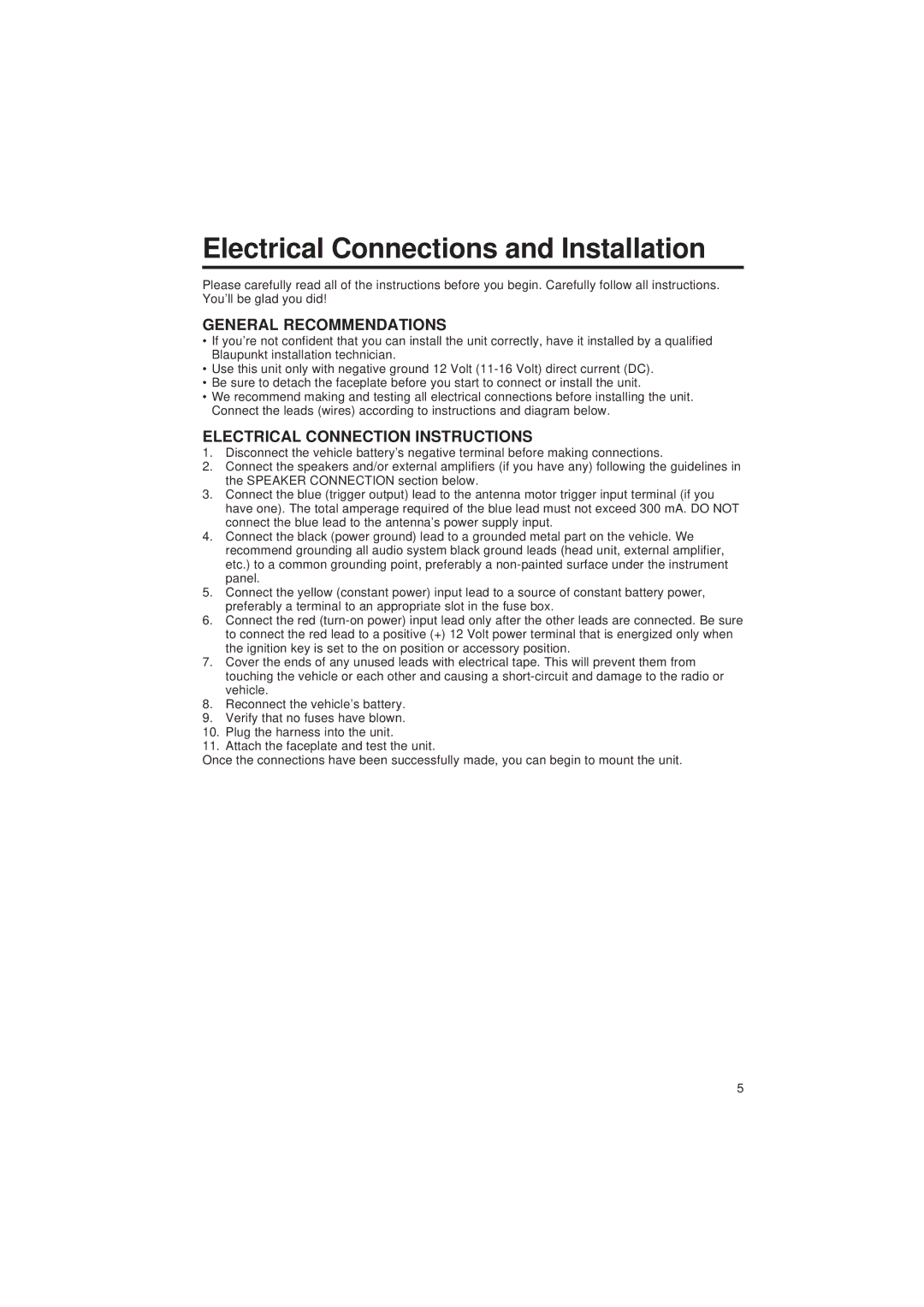 Blaupunkt CR 67 operating instructions Electrical Connections and Installation, General Recommendations 