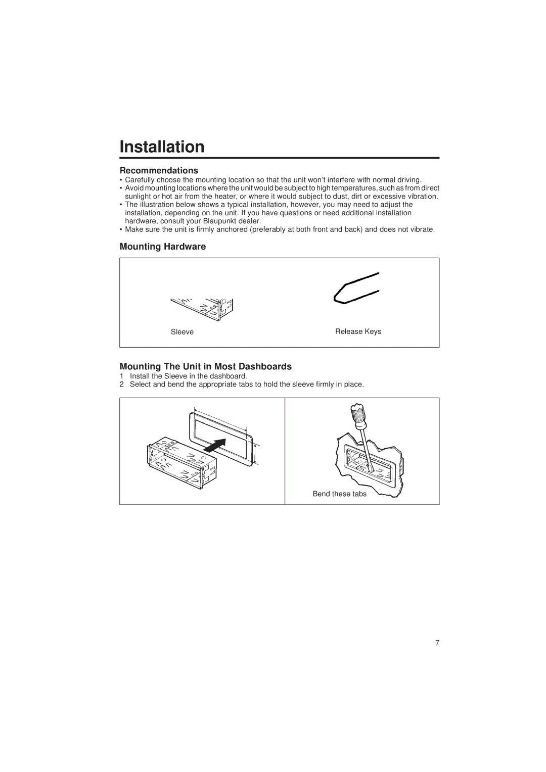 Blaupunkt CR 67 Installation, Recommendations, Mounting Hardware, Mounting The Unit in Most Dashboards 