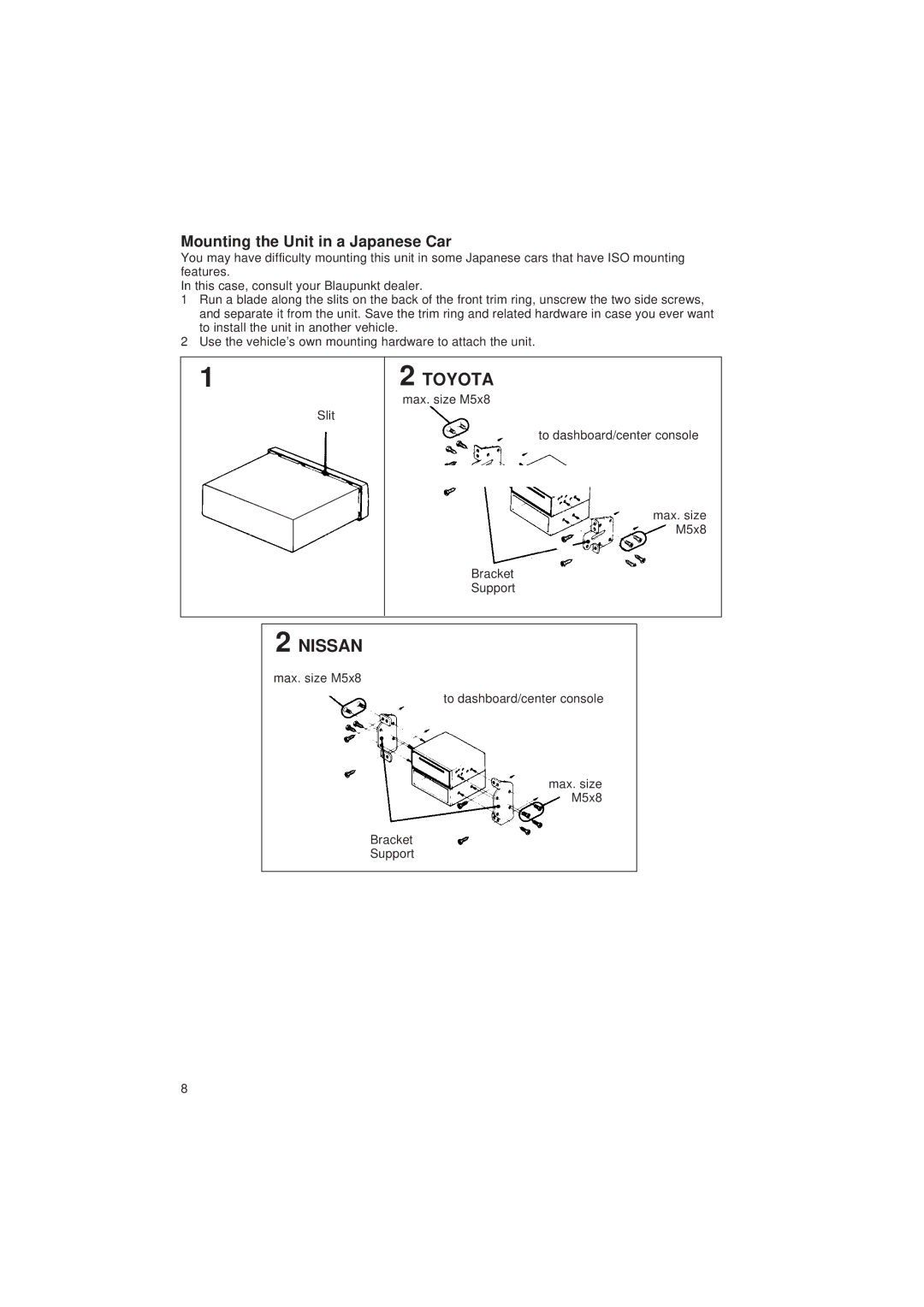 Blaupunkt CR 67 operating instructions Mounting the Unit in a Japanese Car 