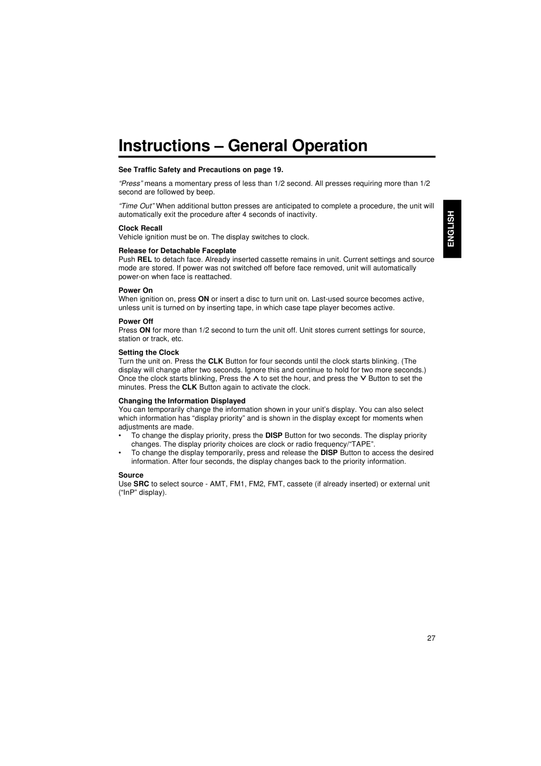 Blaupunkt CR 87 operating instructions Instructions General Operation 