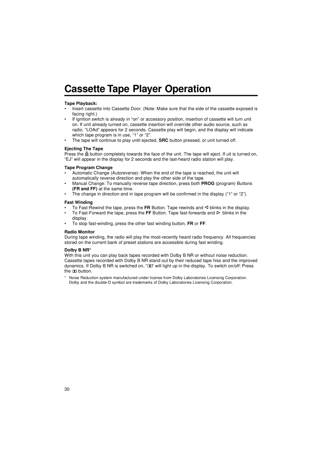 Blaupunkt CR 87 operating instructions Cassette Tape Player Operation 