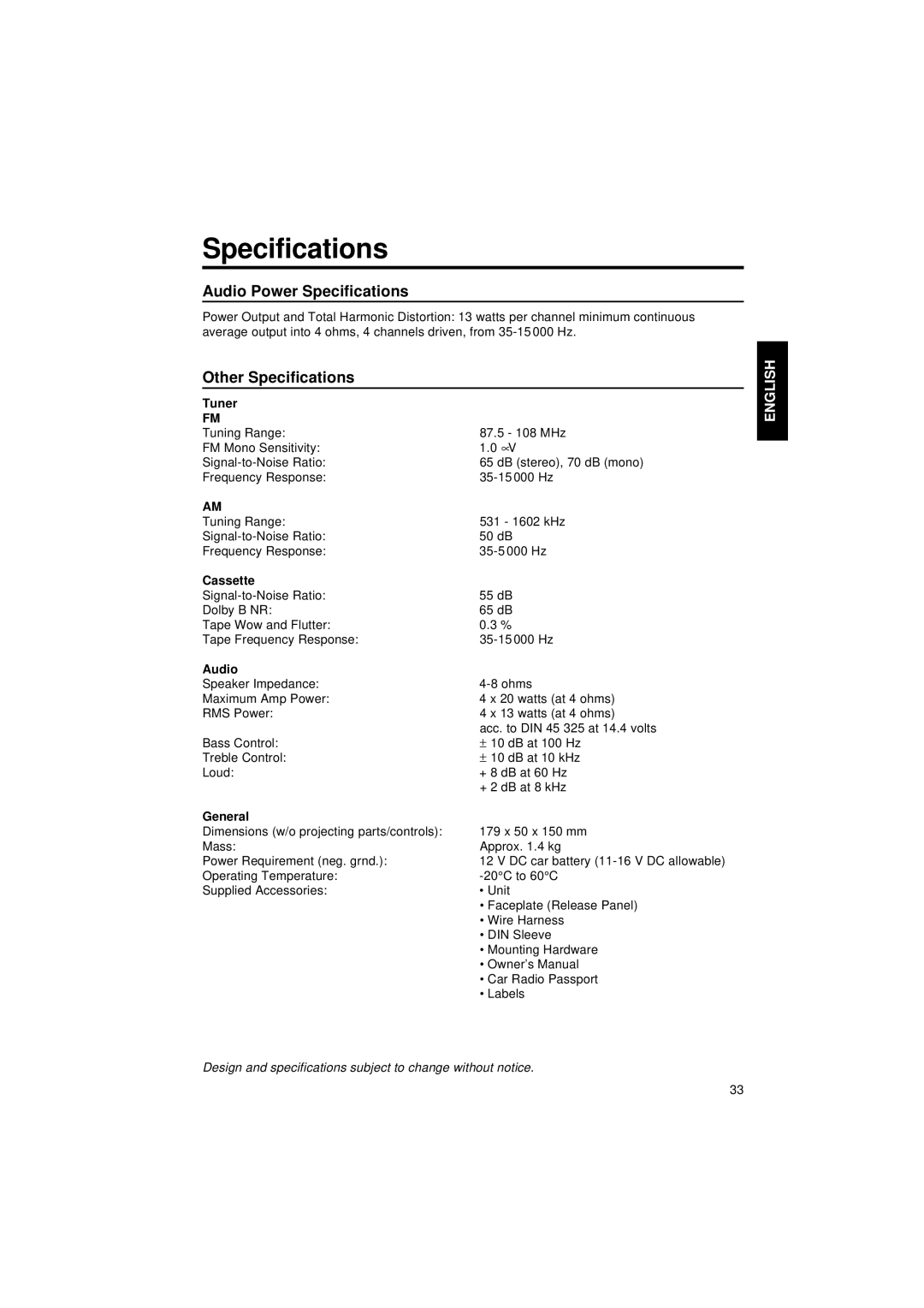 Blaupunkt CR 87 operating instructions Audio Power Specifications, Other Specifications, Tuner, Cassette 