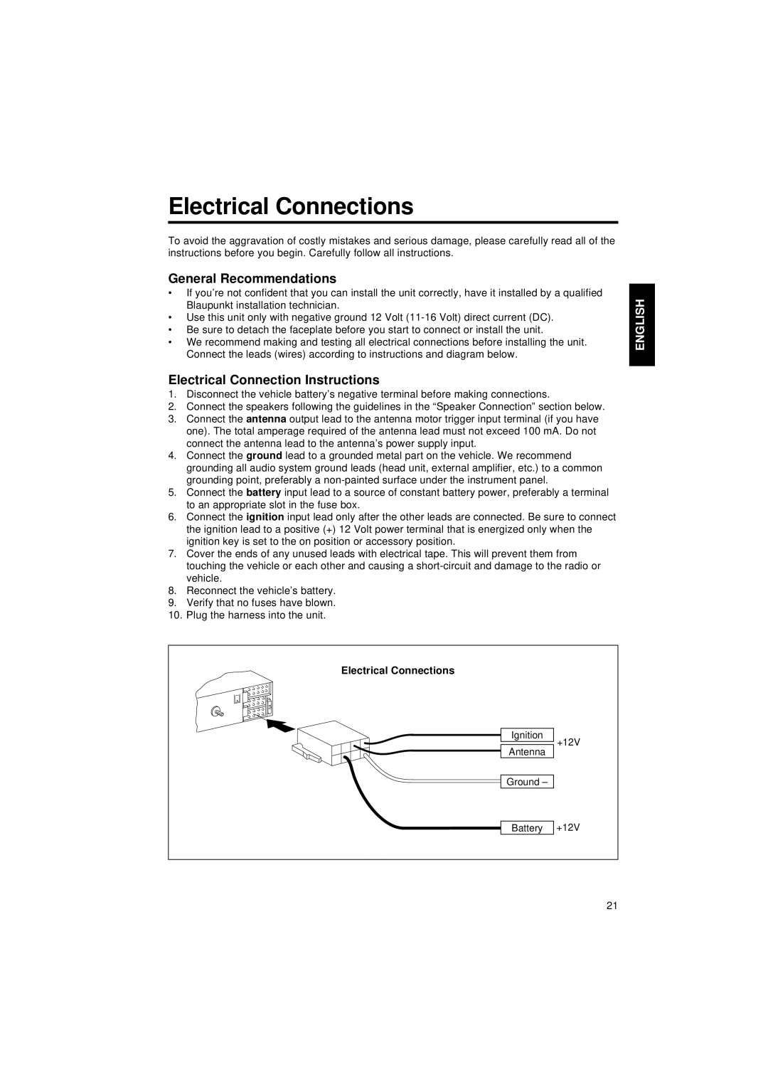 Blaupunkt CR 87 operating instructions Electrical Connections, General Recommendations, Electrical Connection Instructions 