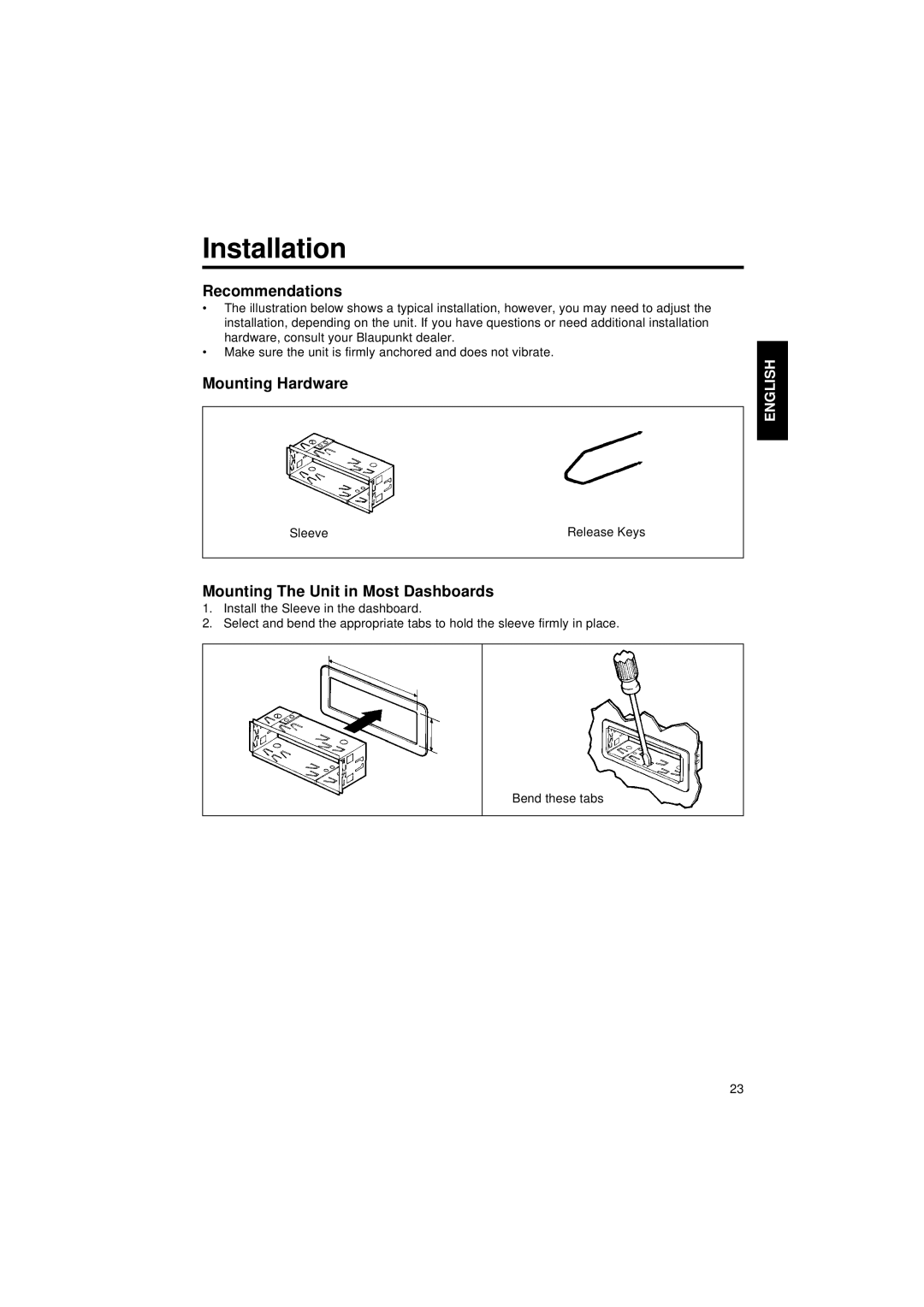 Blaupunkt CR 87 Installation, Recommendations, Mounting Hardware, Mounting The Unit in Most Dashboards 