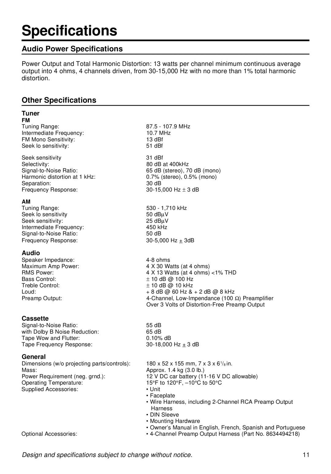 Blaupunkt CR127 manual Audio Power Specifications, Other Specifications 