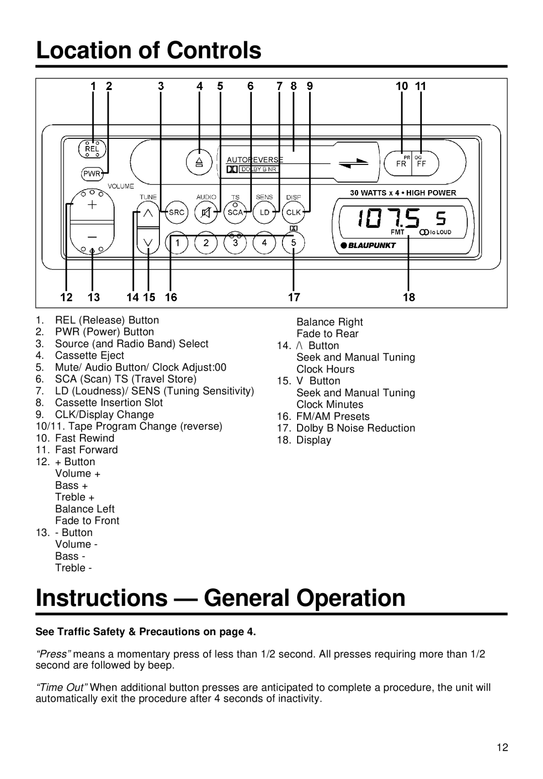 Blaupunkt CR127 manual Location of Controls, Instructions General Operation, See Traffic Safety & Precautions on 