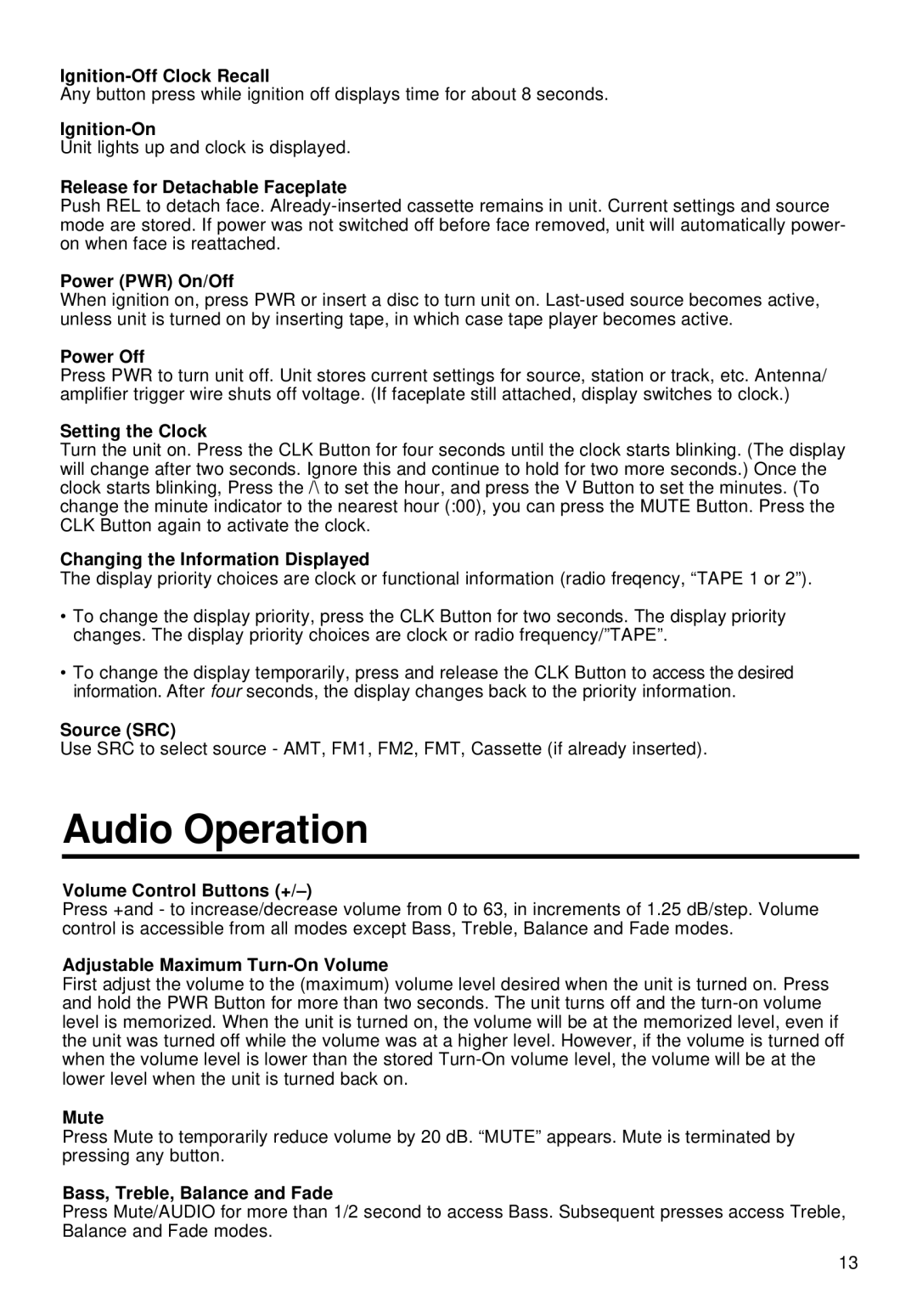 Blaupunkt CR127 manual Audio Operation 