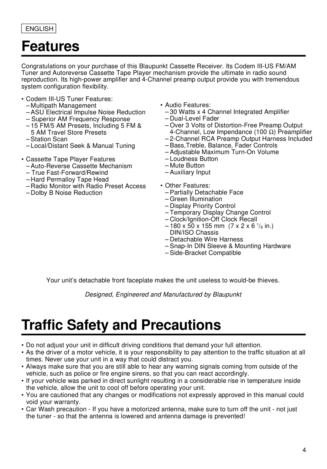 Blaupunkt CR127 manual Features, Traffic Safety and Precautions 