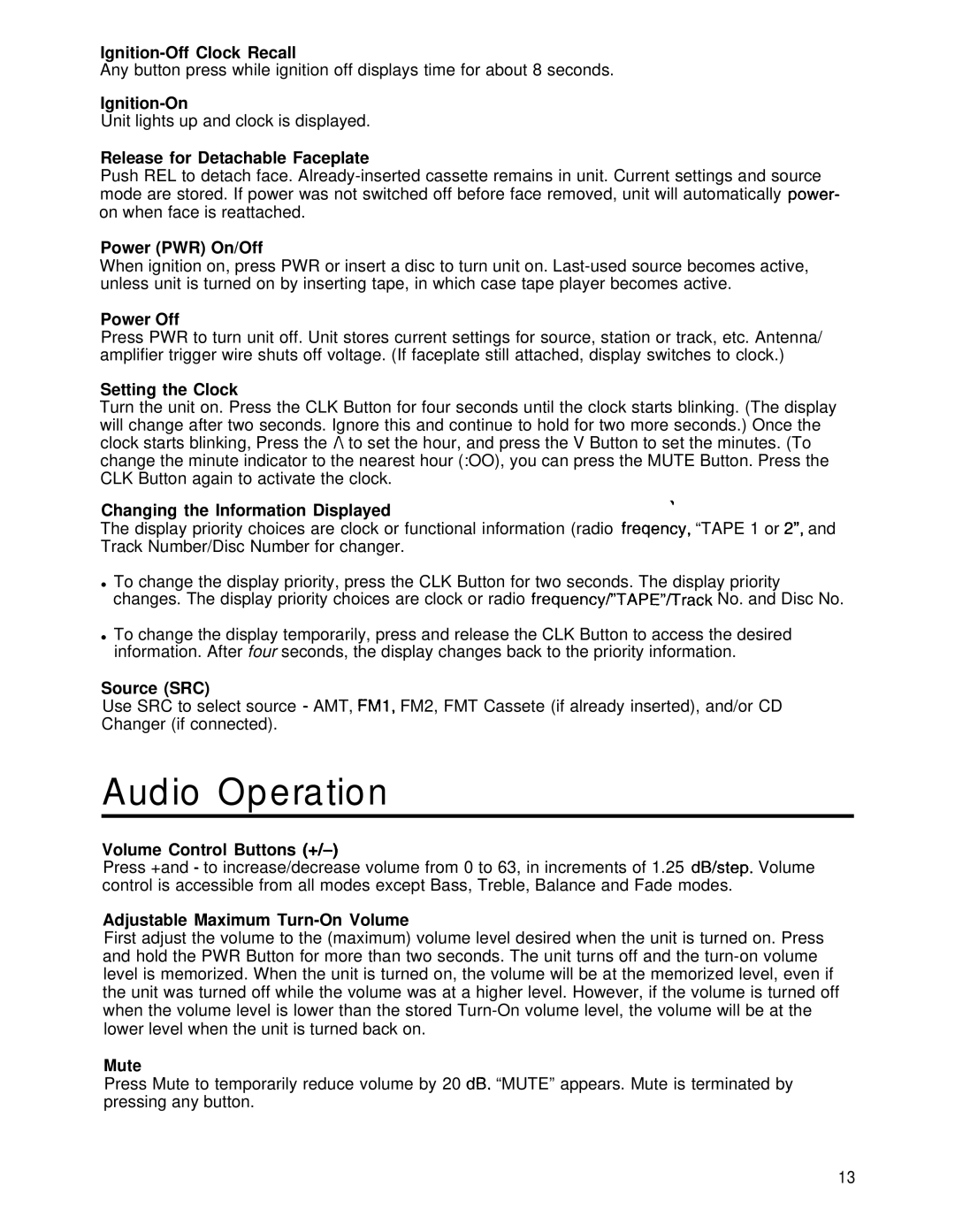 Blaupunkt CR67 manual Audio Operation 