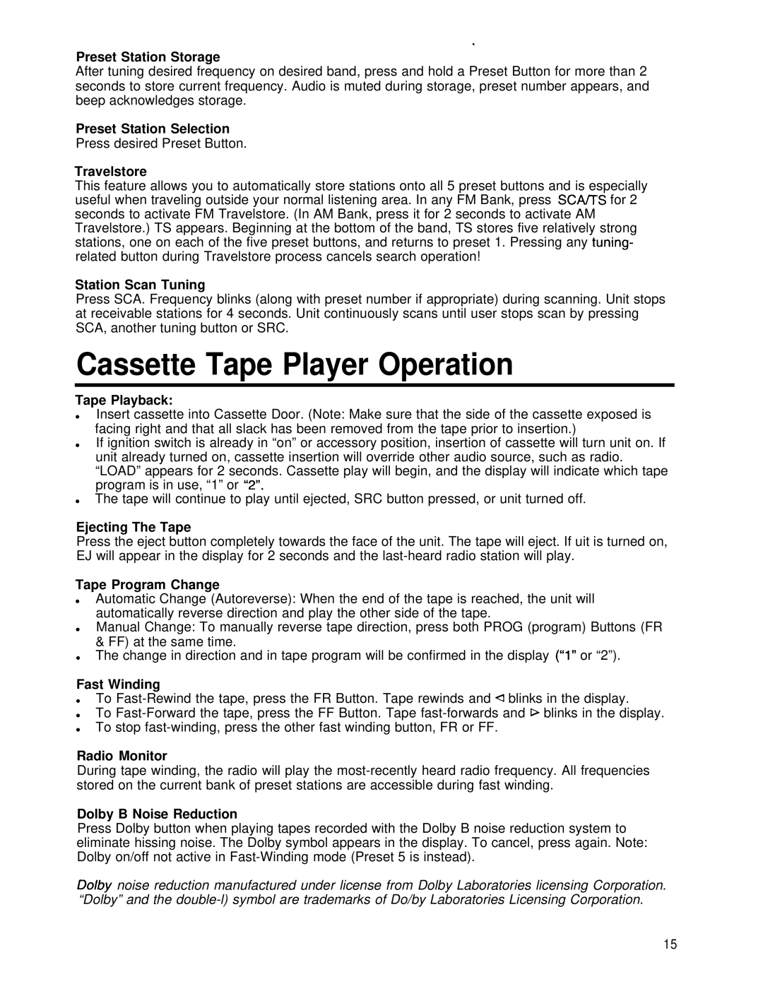 Blaupunkt CR67 manual Cassette Tape Player Operation 