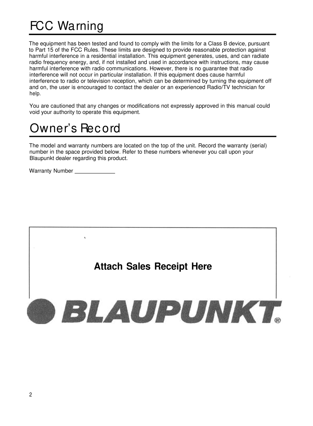 Blaupunkt CR67 manual FCC Warning, Owner’s Record 