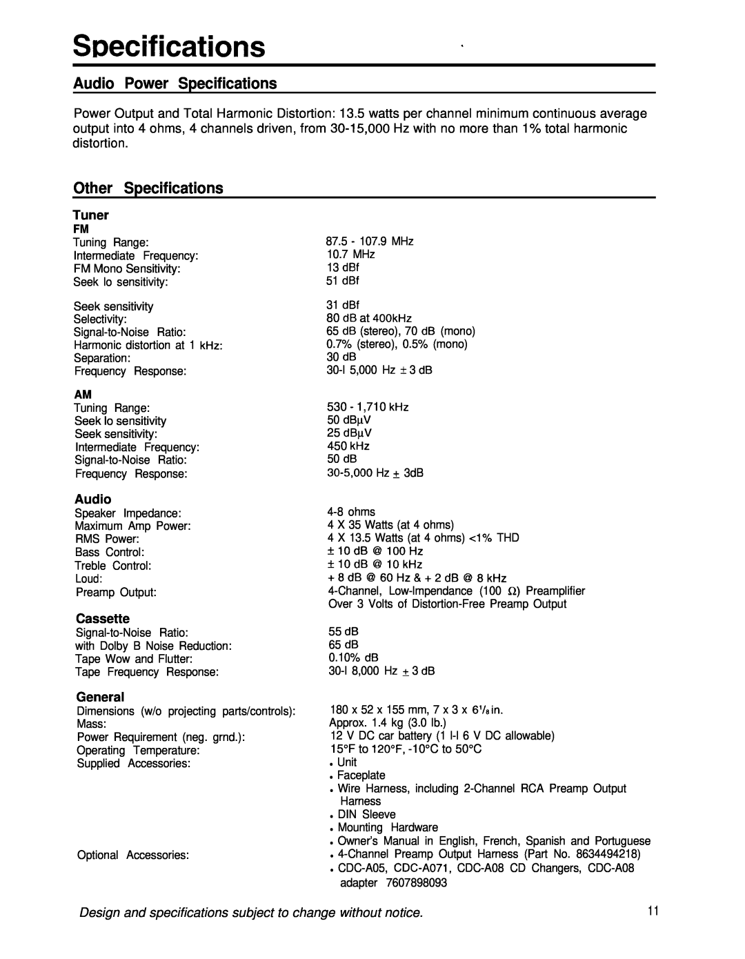 Blaupunkt CR67 manual Wecifications, Audio Power Specifications, Other Specifications 