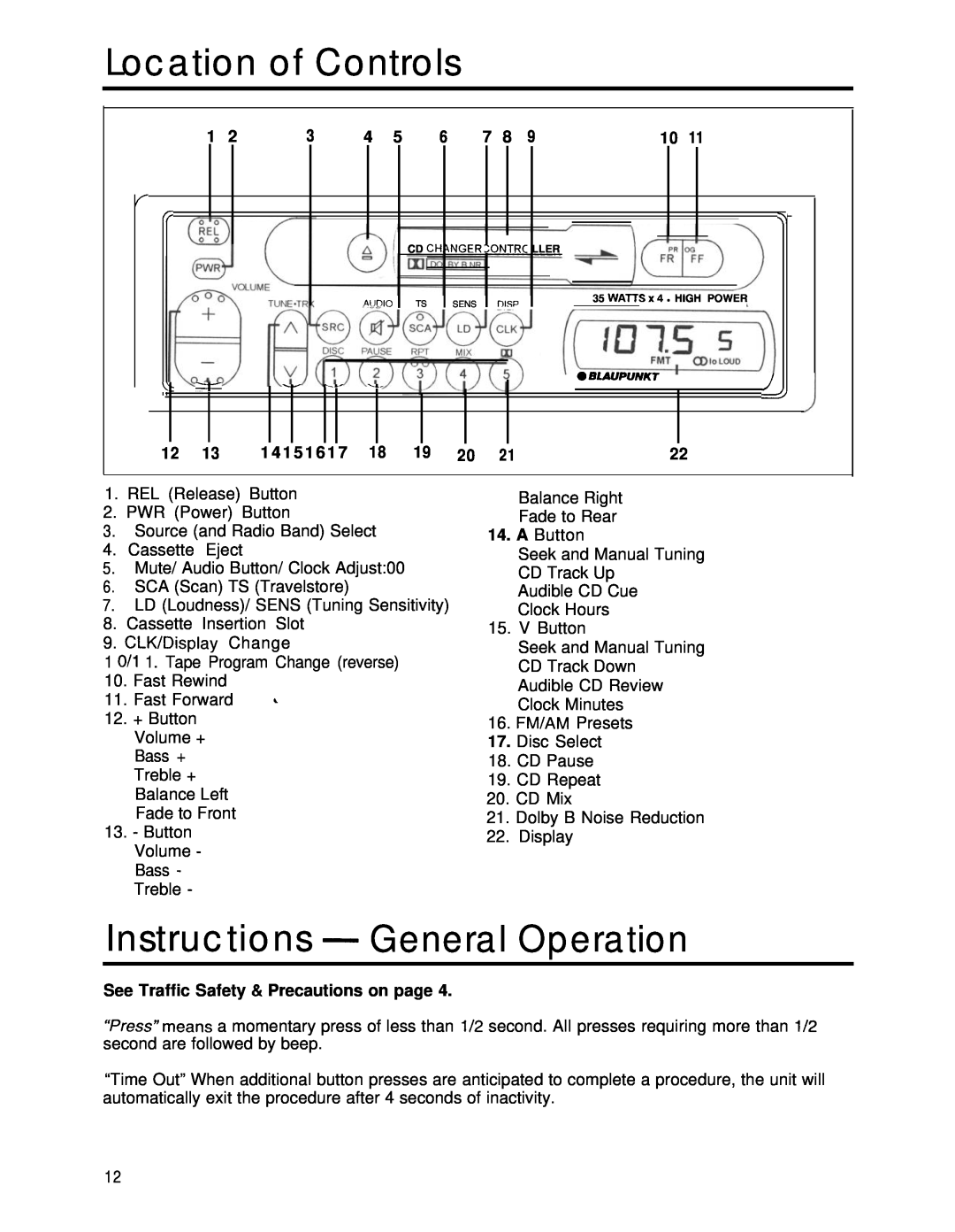 Blaupunkt CR67 manual Location of Controls, Instructions - General Operation 