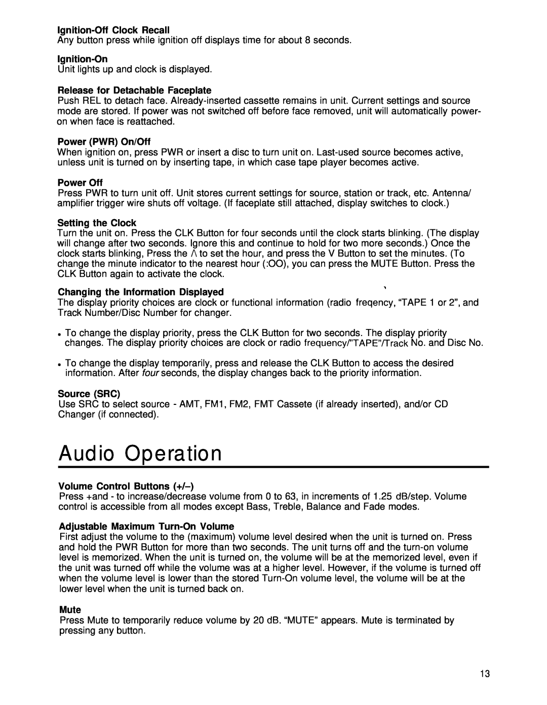 Blaupunkt CR67 manual Audio Operation 