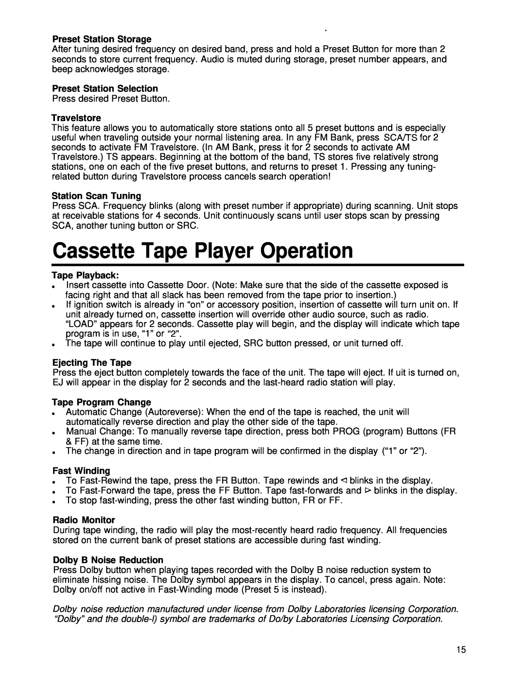 Blaupunkt CR67 manual Cassette Tape Player Operation 