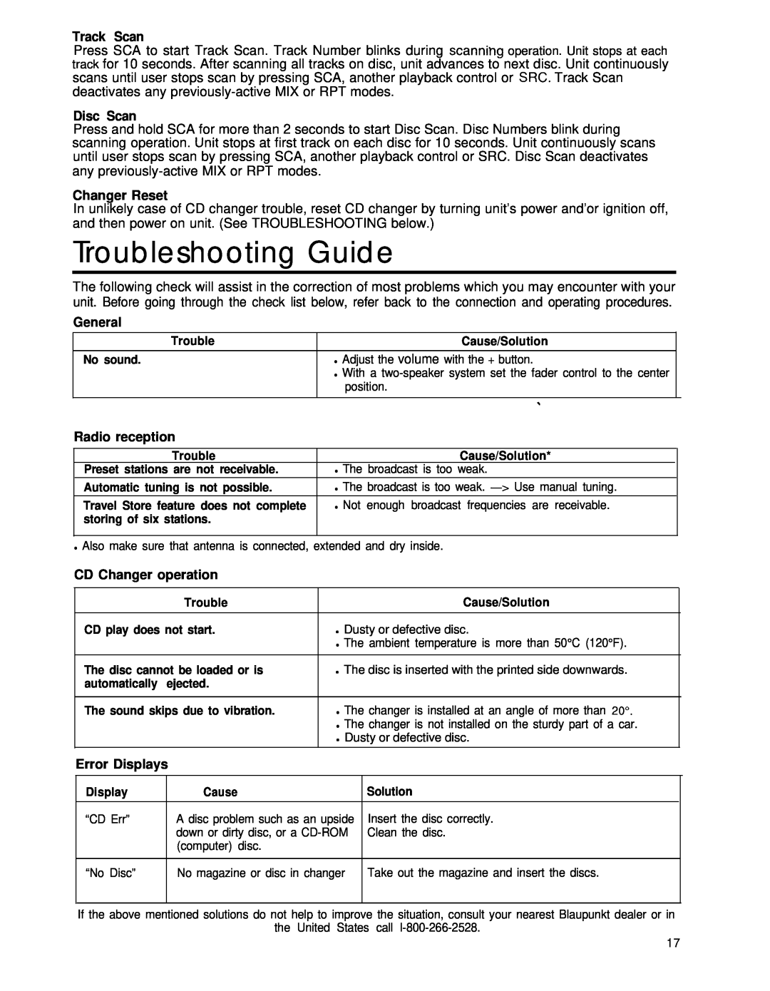 Blaupunkt CR67 Troubleshooting Guide, Track Scan, Disc Scan, Changer Reset, General, Radio reception, CD Changer operation 
