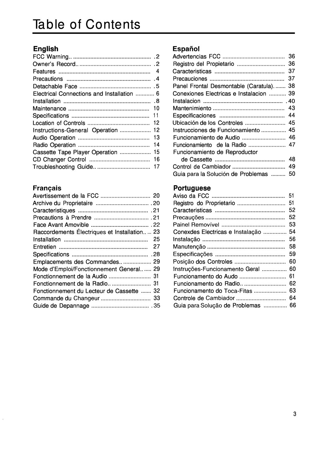 Blaupunkt CR67 manual Table of Contents, English, Espaiiol, FranGais, Portuguese 