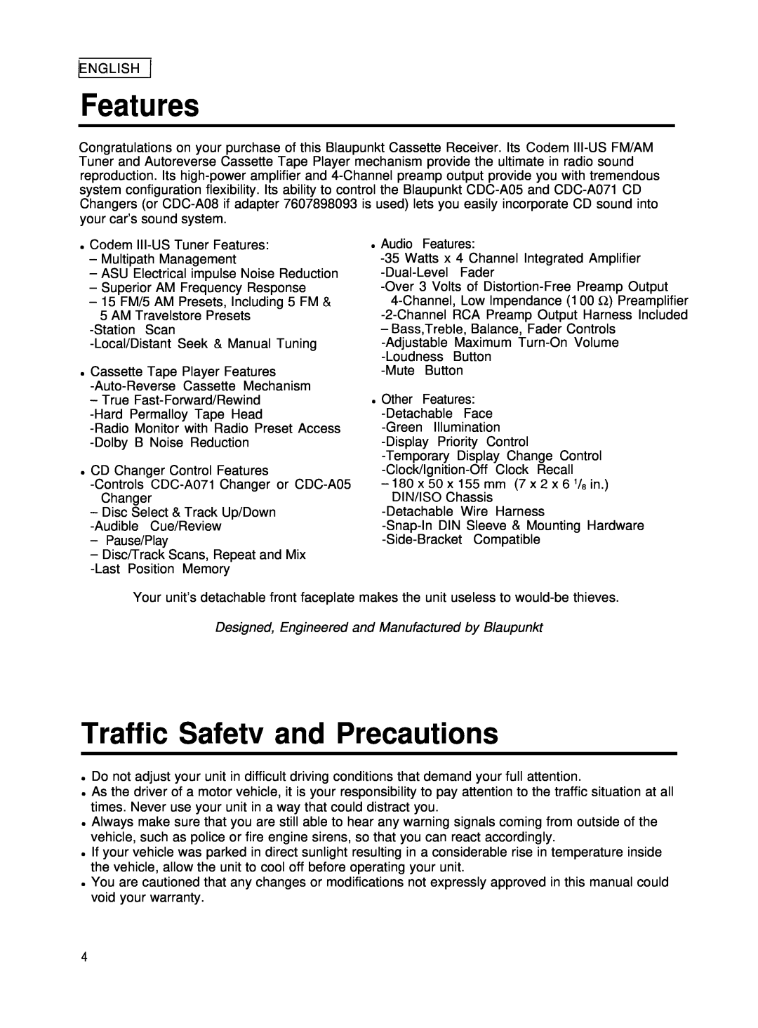 Blaupunkt CR67 manual Features, Traffic Safetv and Precautions 