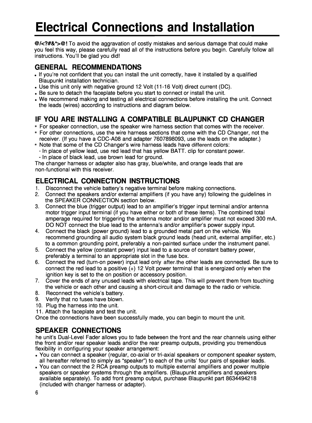 Blaupunkt CR67 manual Electrical Connections and Installation, General Recommendations, Electrical Connection Instructions 