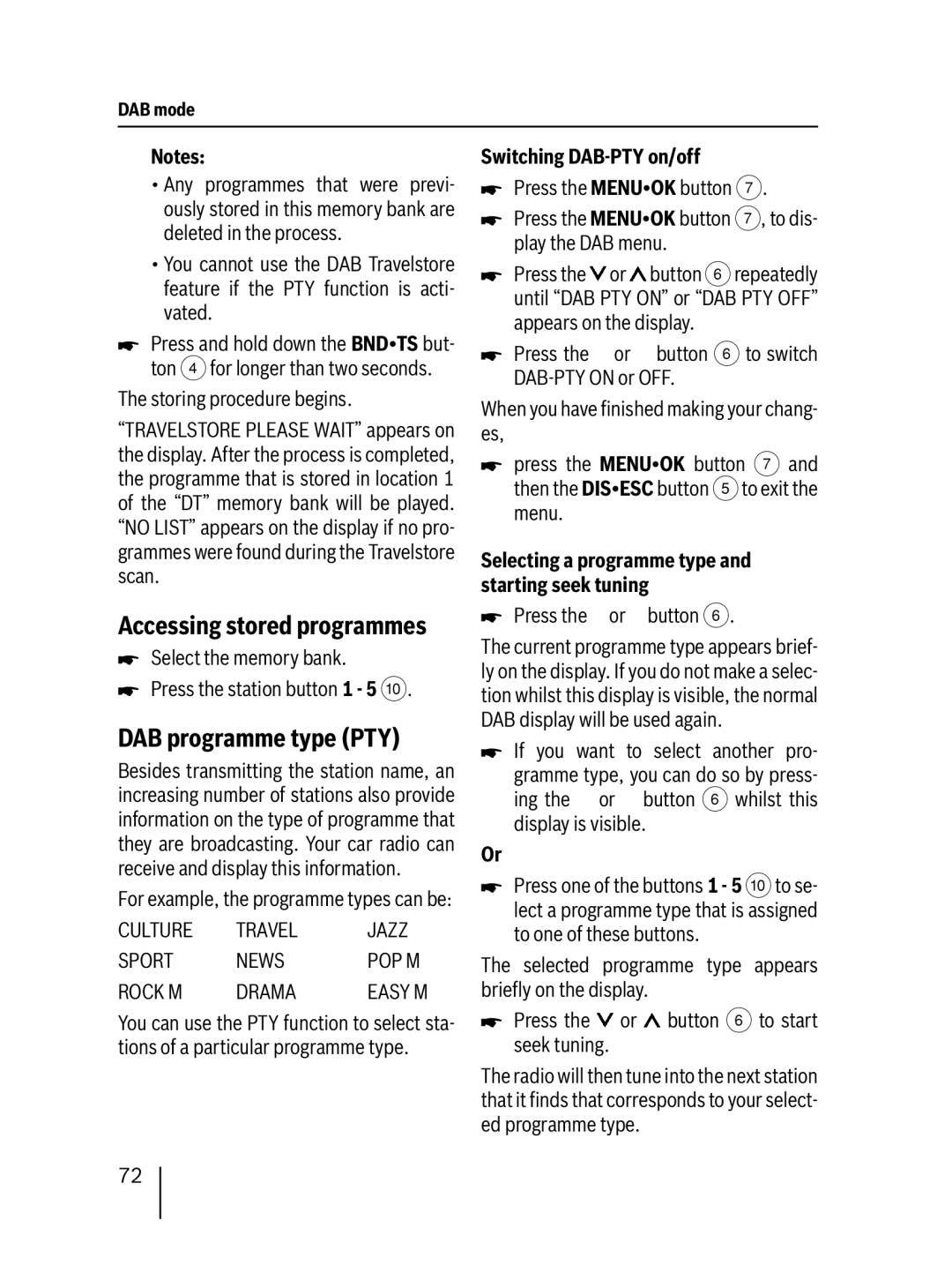 Blaupunkt DAB47 operating instructions DAB programme type PTY, Accessing stored programmes, Switching DAB-PTY on/off 