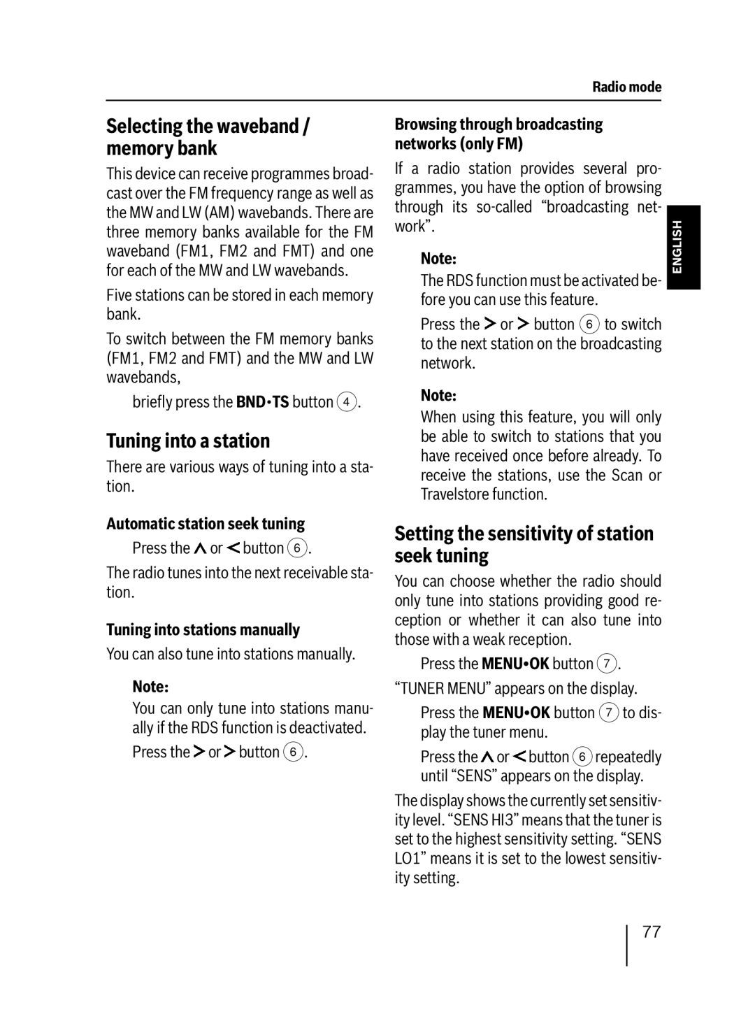 Blaupunkt DAB47 operating instructions Tuning into a station, Setting the sensitivity of station seek tuning 