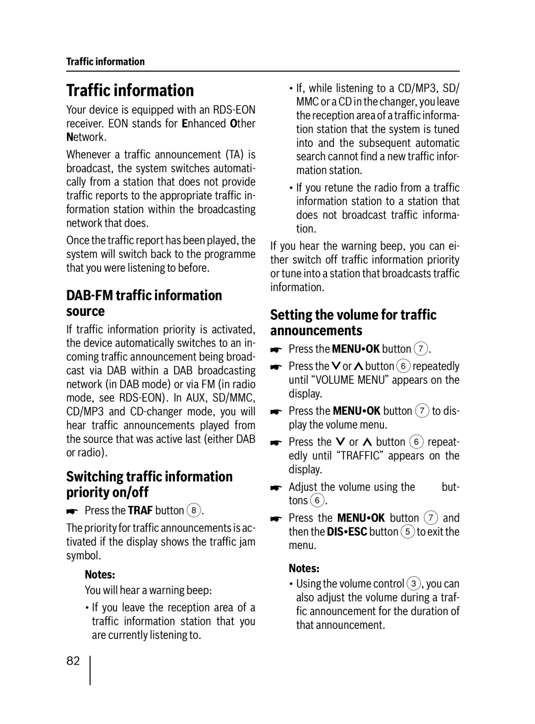 Blaupunkt DAB47 Trafﬁc information, DAB-FM trafﬁc information source, Setting the volume for trafﬁc announcements 