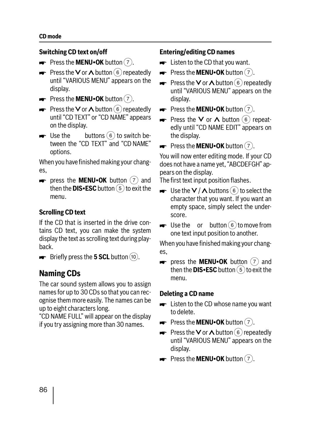 Blaupunkt DAB47 Naming CDs, Switching CD text on/off, Scrolling CD text, Entering/editing CD names, Deleting a CD name 