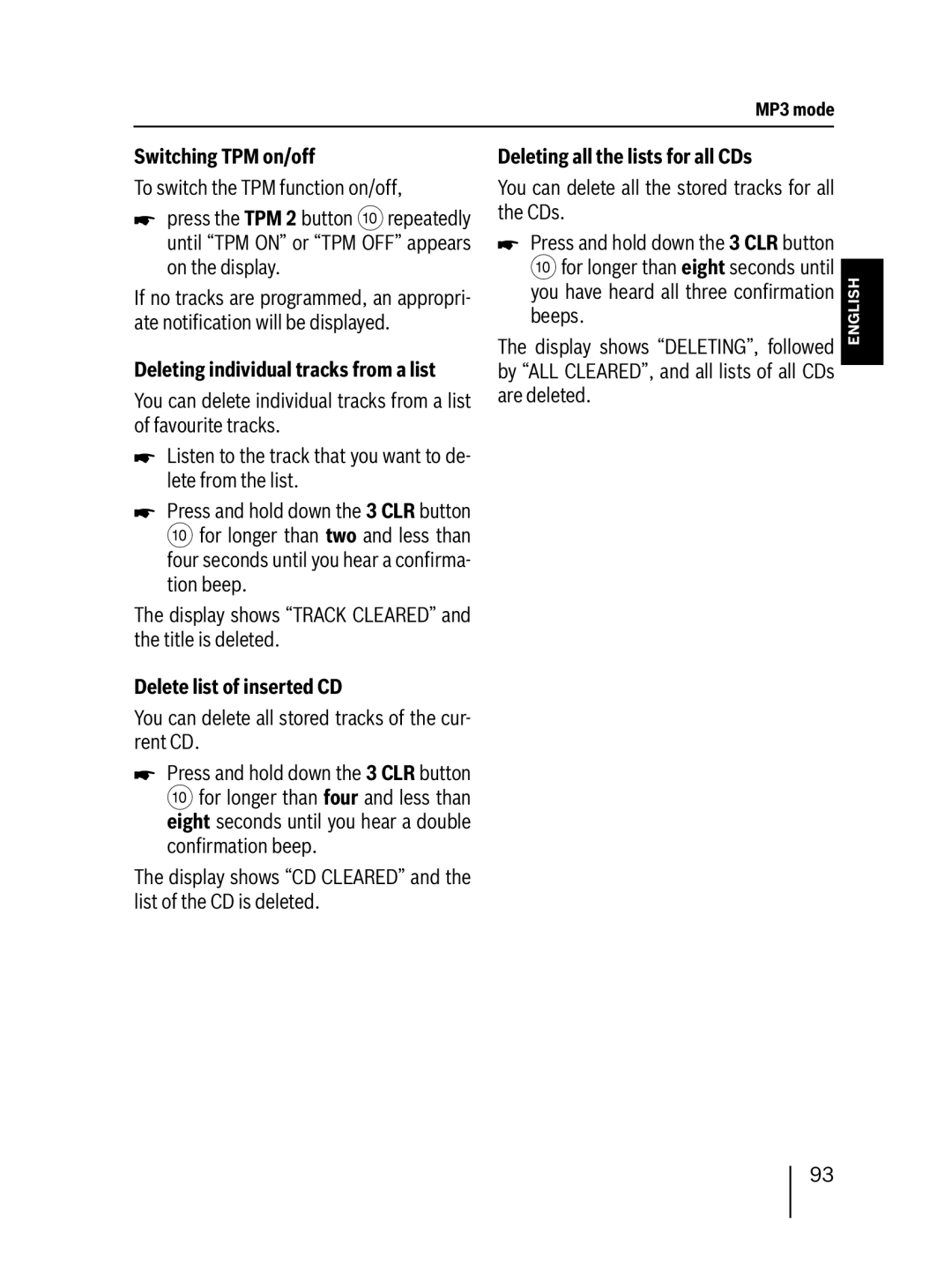 Blaupunkt DAB47 Switching TPM on/off, Deleting individual tracks from a list, Delete list of inserted CD 