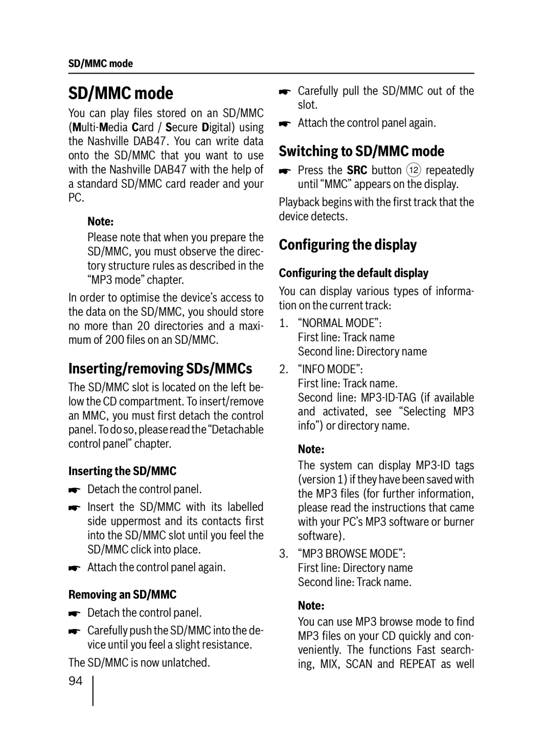 Blaupunkt DAB47 Switching to SD/MMC mode, Inserting/removing SDs/MMCs, Inserting the SD/MMC, Removing an SD/MMC 