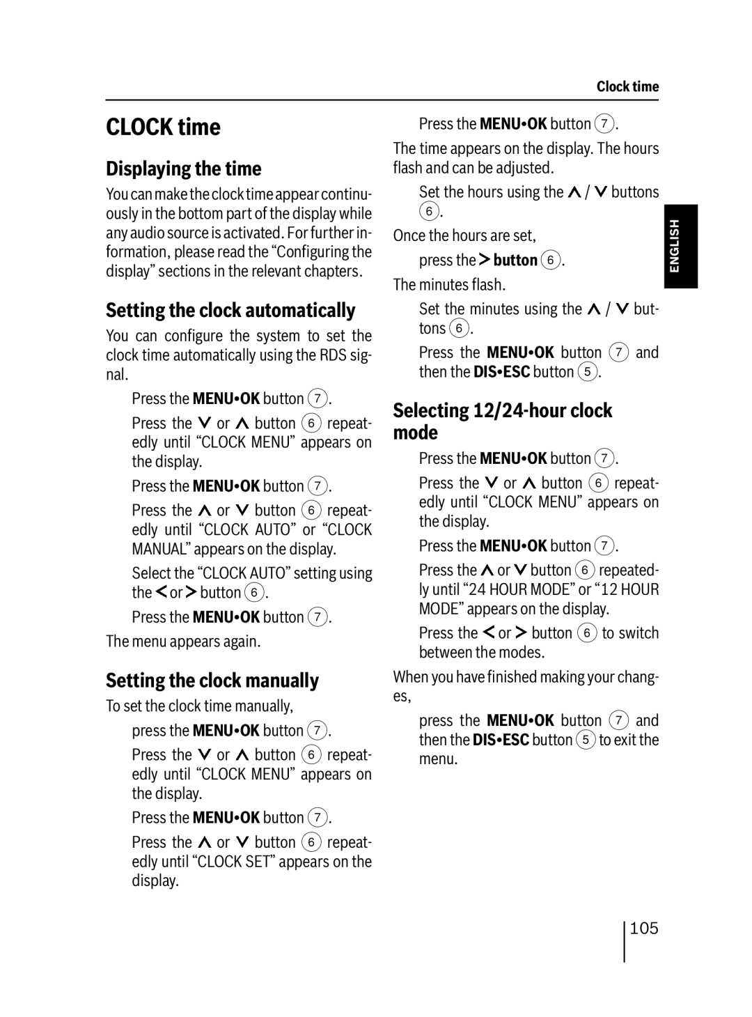 Blaupunkt DAB47 Clock time, Displaying the time, Setting the clock manually, Selecting 12/24-hour clock mode 