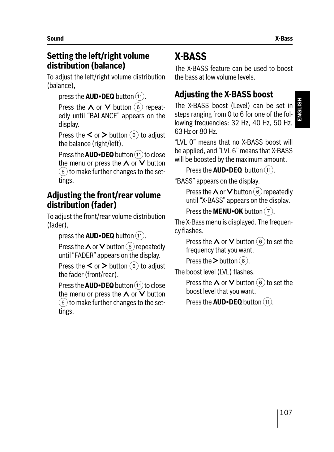 Blaupunkt DAB47 Adjusting the front/rear volume distribution fader, Adjusting the X-BASS boost, Hz or 80 Hz 