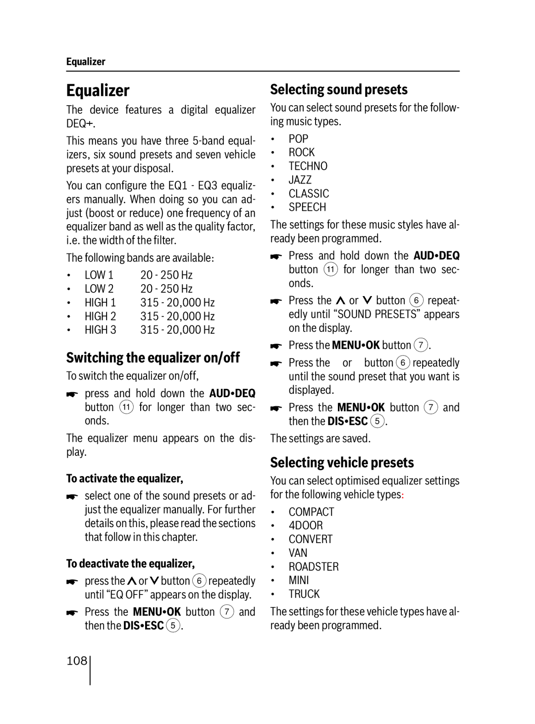 Blaupunkt DAB47 Equalizer, Selecting sound presets, Selecting vehicle presets, To activate the equalizer 