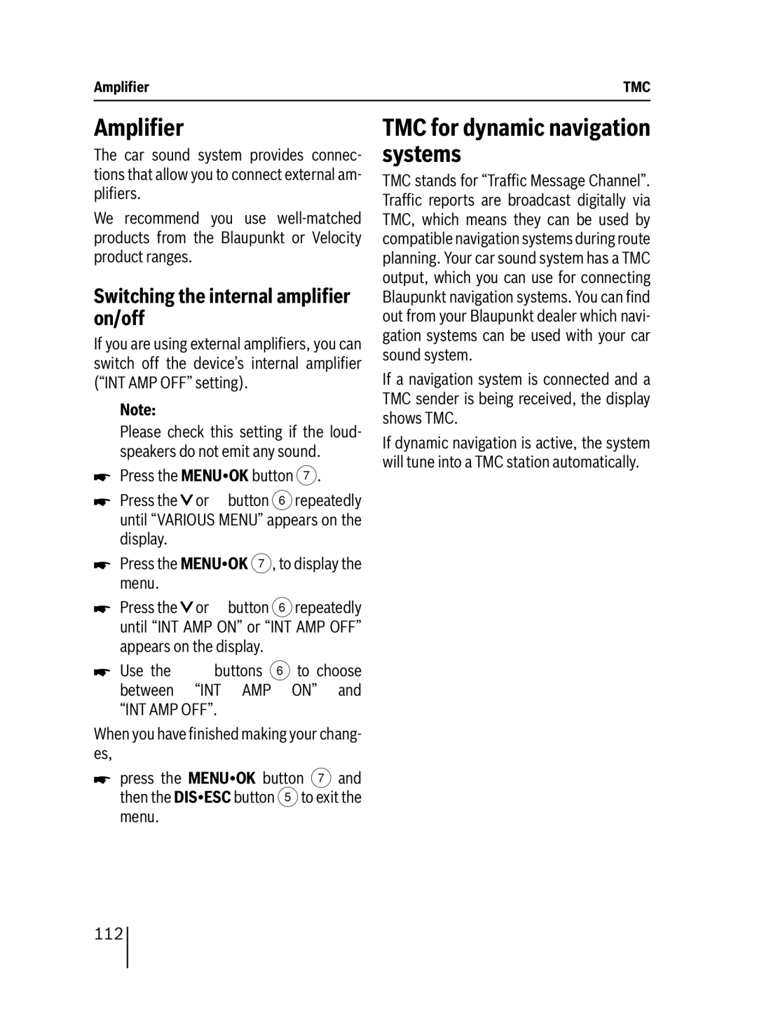 Blaupunkt DAB47 Ampliﬁer, TMC for dynamic navigation systems, Switching the internal ampliﬁer on/off, 112 