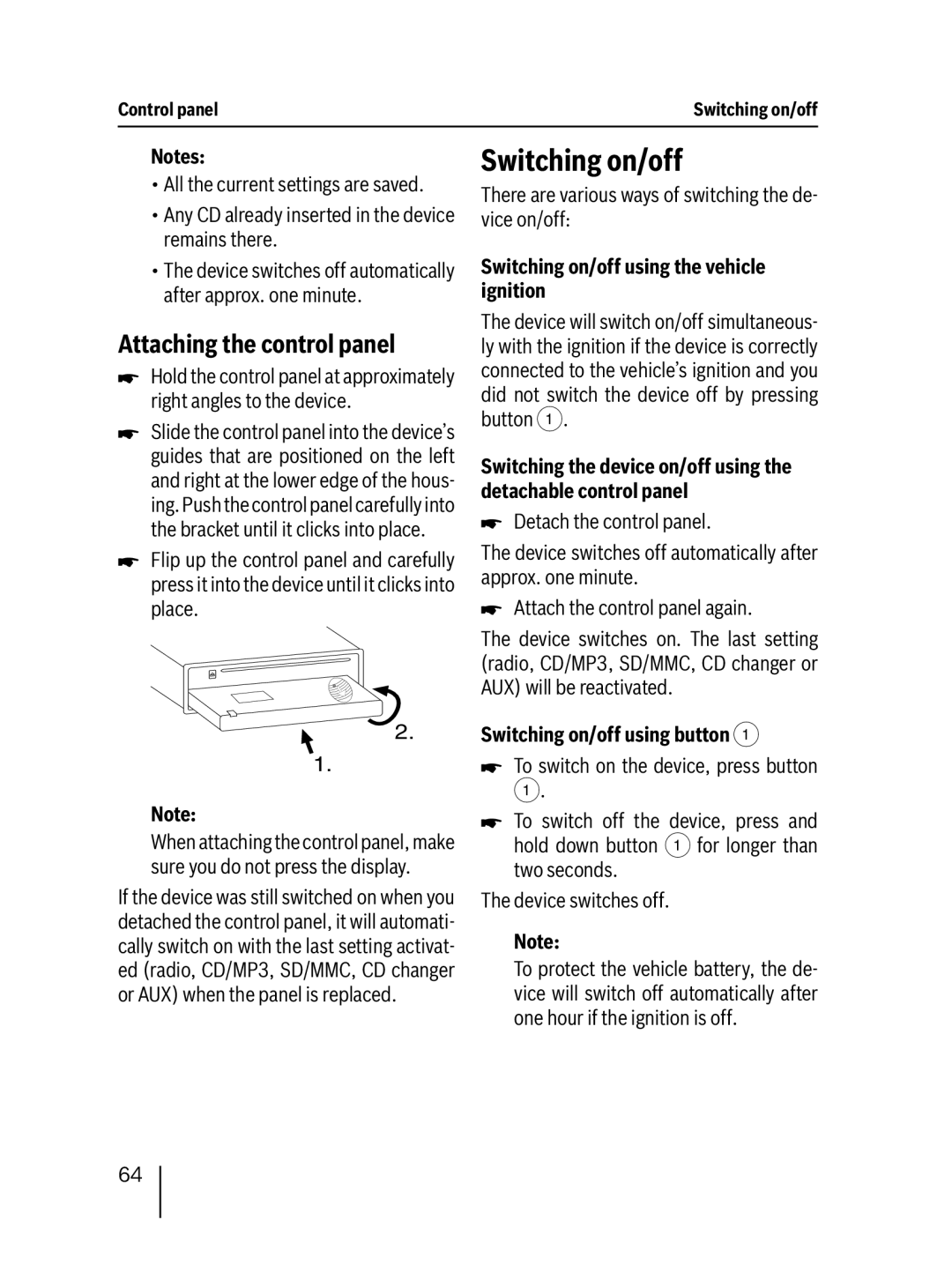 Blaupunkt DAB47 operating instructions Attaching the control panel, Switching on/off using the vehicle ignition 