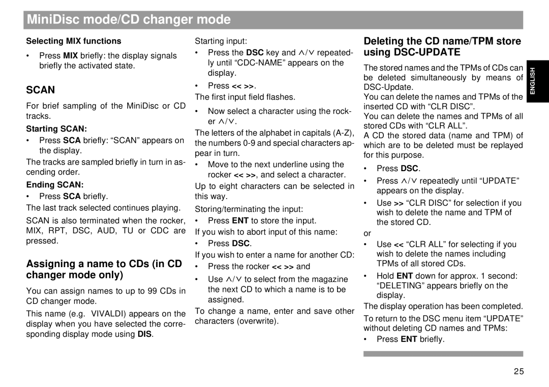 Blaupunkt Dallas RMD 169 Assigning a name to CDs in CD changer mode only, Deleting the CD name/TPM store using DSC-UPDATE 