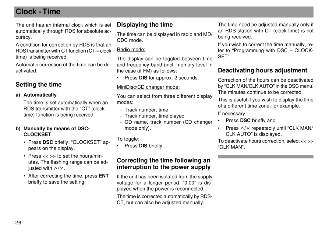 Blaupunkt Dallas RMD 169 Clock Time, Setting the time, Displaying the time, Deactivating hours adjustment, Clockset 