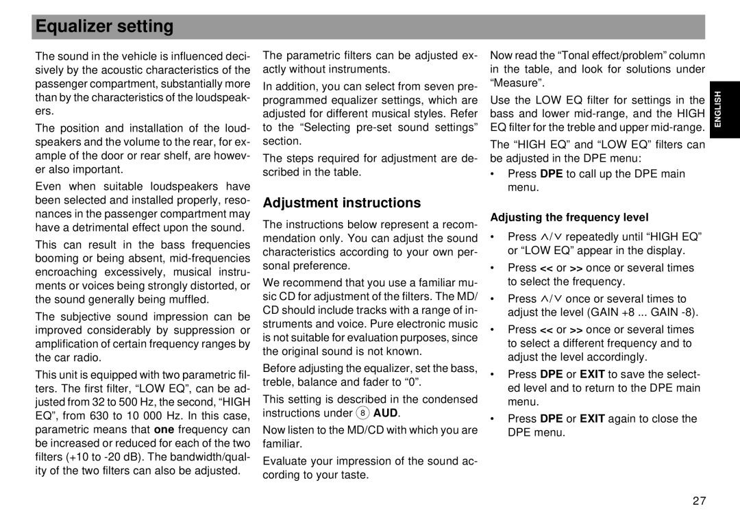 Blaupunkt Dallas RMD 169 operating instructions Equalizer setting, Adjustment instructions, Adjusting the frequency level 