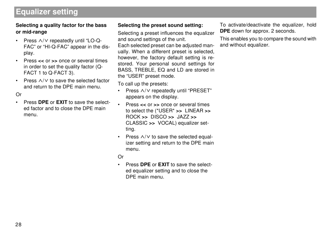 Blaupunkt Dallas RMD 169 operating instructions Equalizer setting, Selecting a quality factor for the bass or mid-range 