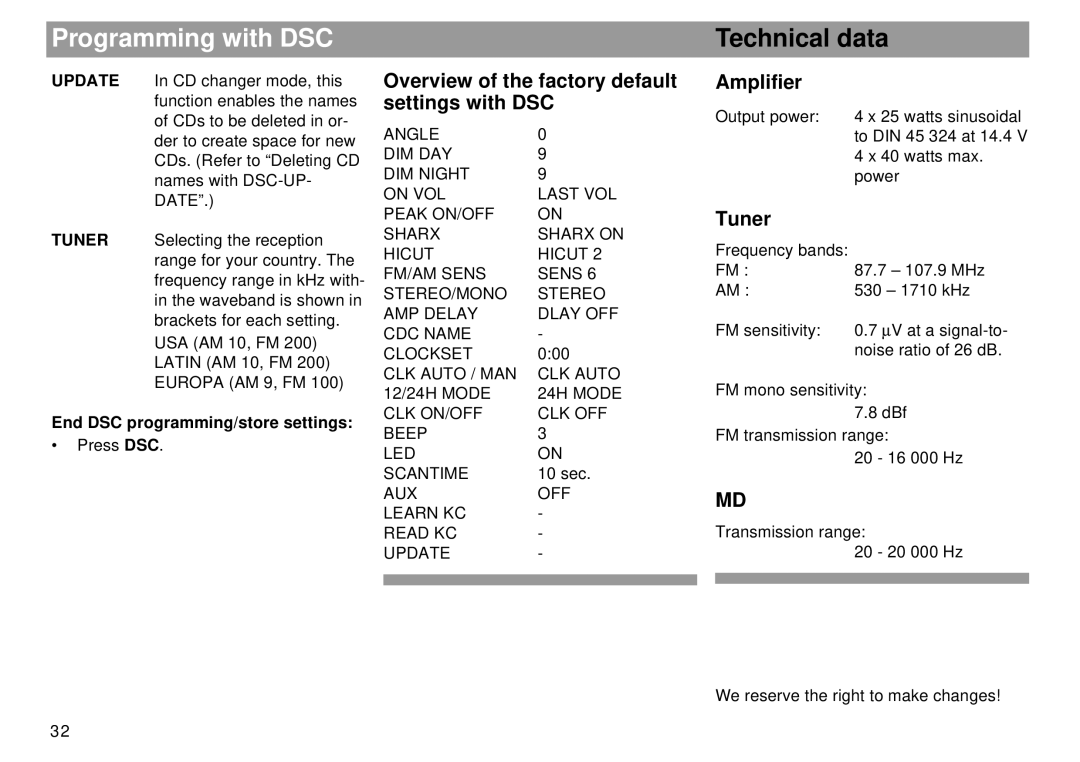 Blaupunkt Dallas RMD 169 Technical data, Overview of the factory default settings with DSC, Amplifier, Tuner 