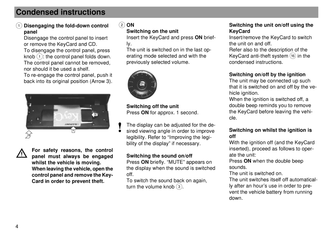 Blaupunkt Dallas RMD 169 operating instructions Condensed instructions 