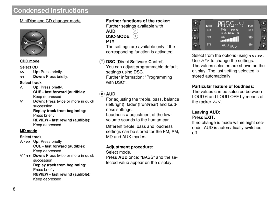 Blaupunkt Dallas RMD 169 Dsc-Mode Pty, Aud, Adjustment procedure Select mode, Particular feature of loudness, Leaving AUD 