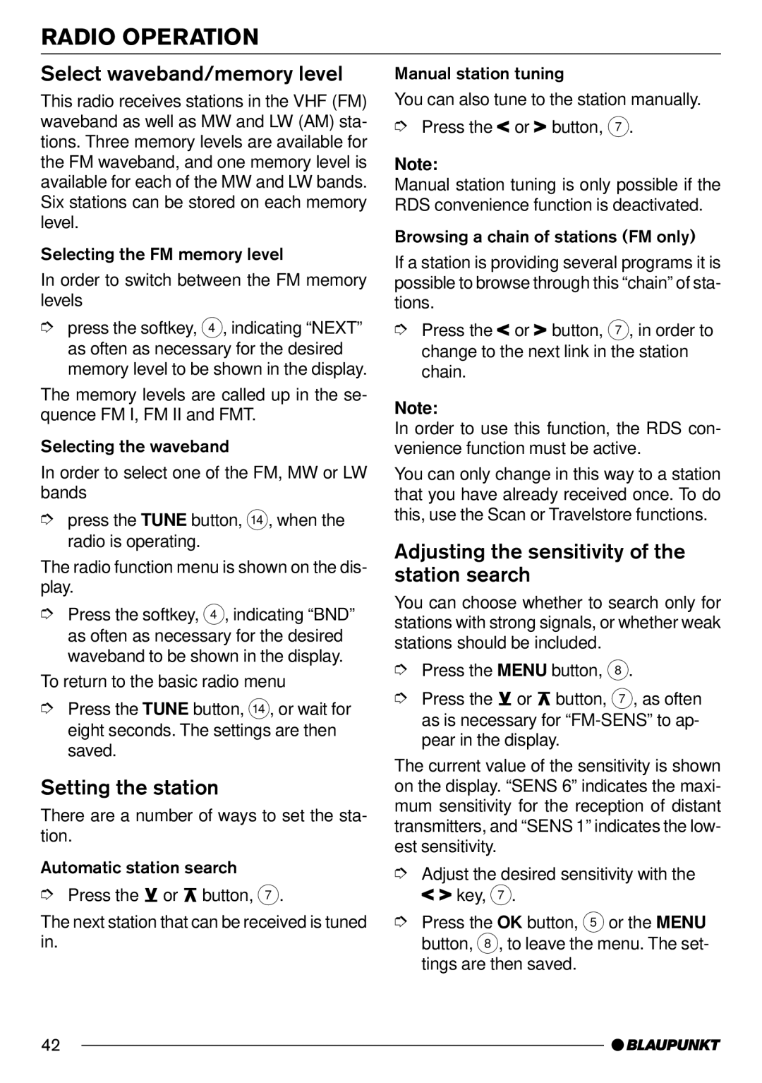 Blaupunkt Orlando CD70 Select waveband/memory level, Setting the station, Adjusting the sensitivity of the station search 