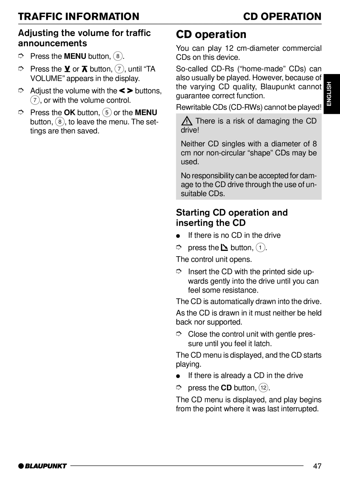 Blaupunkt Phoenix CD70, Denver CD70, Orlando CD70 CD operation, Adjusting the volume for traffic announcements 